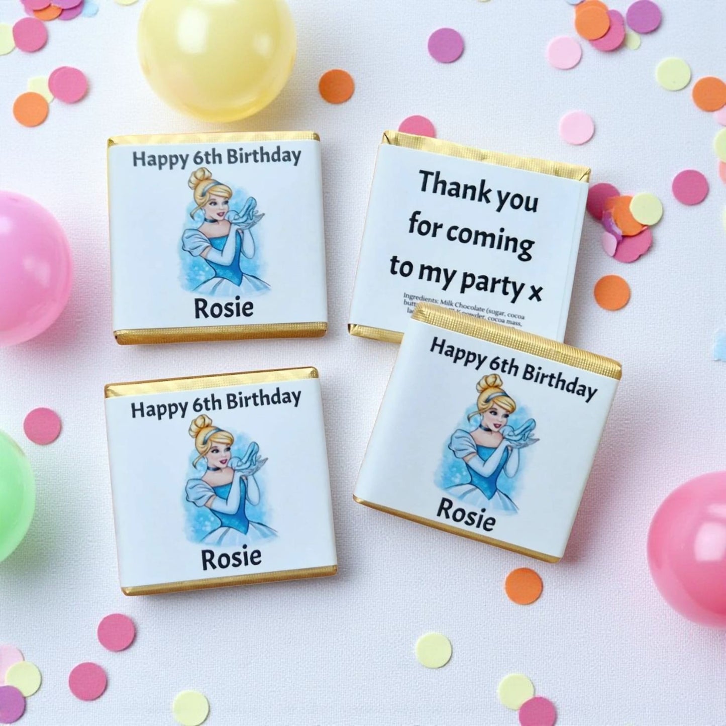 Personalised Chocolate Cinderella Princess Birthday Children's Party Favours Neapolitan Squares Table Decorations