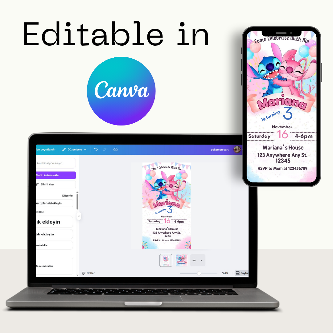 🎁 FREE TAGS! | Editable Stitch and Angel Birthday Invitation Template (Canva)