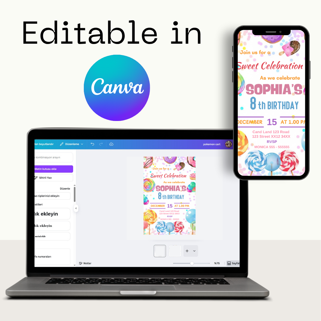 🎁 FREE TAGS! | Editable Sweet Celebration Candy Birthday Invitation Template (Canva)