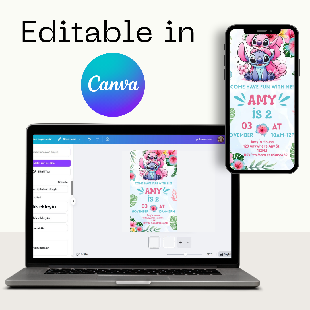 🎁 FREE TAGS! | Editable Tropical Stitch and Angel Birthday Invitation Template (Canva)