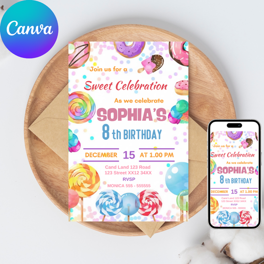 🎁 FREE TAGS! | Editable Sweet Celebration Candy Birthday Invitation Template (Canva)