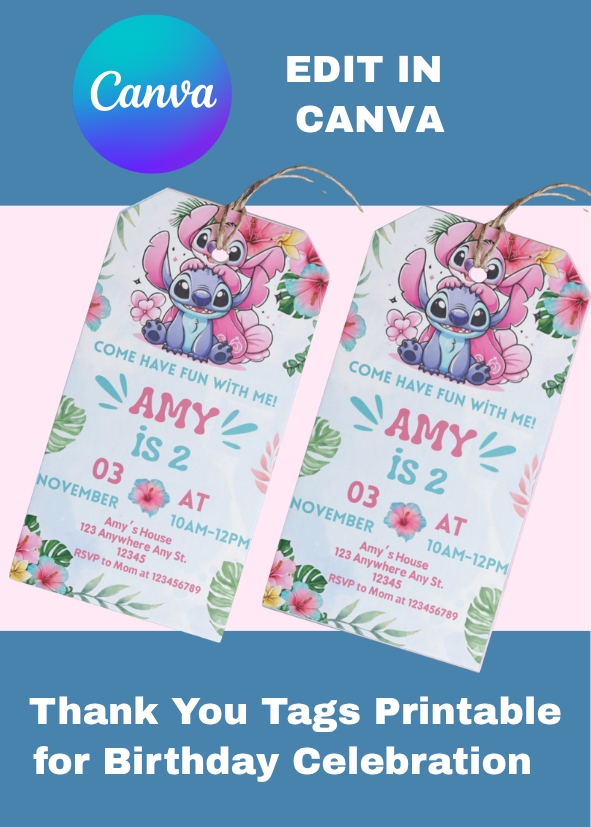 🎁 FREE TAGS! | Editable Tropical Stitch and Angel Birthday Invitation Template (Canva)
