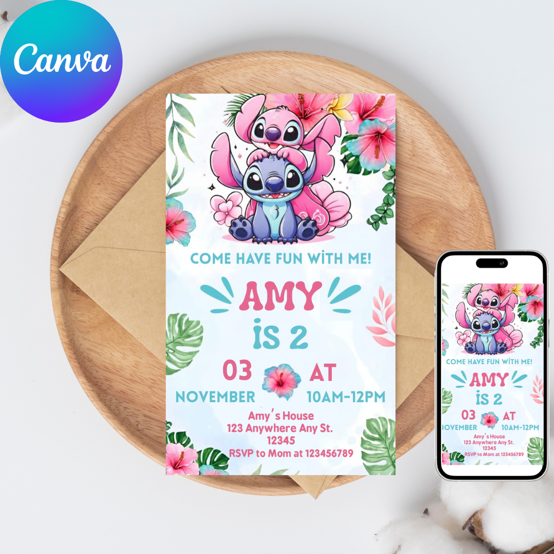 🎁 FREE TAGS! | Editable Tropical Stitch and Angel Birthday Invitation Template (Canva)