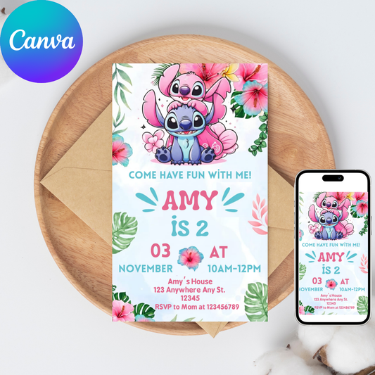 🎁 FREE TAGS! | Editable Tropical Stitch and Angel Birthday Invitation Template (Canva)
