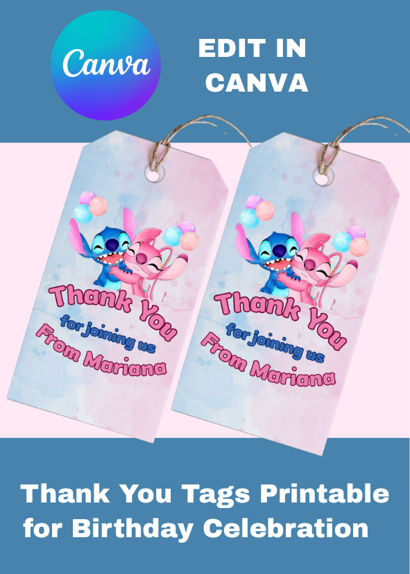 🎁 FREE TAGS! | Editable Stitch and Angel Birthday Invitation Template (Canva)