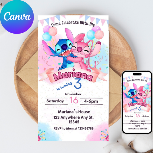 🎁 FREE TAGS! | Editable Stitch and Angel Birthday Invitation Template (Canva)
