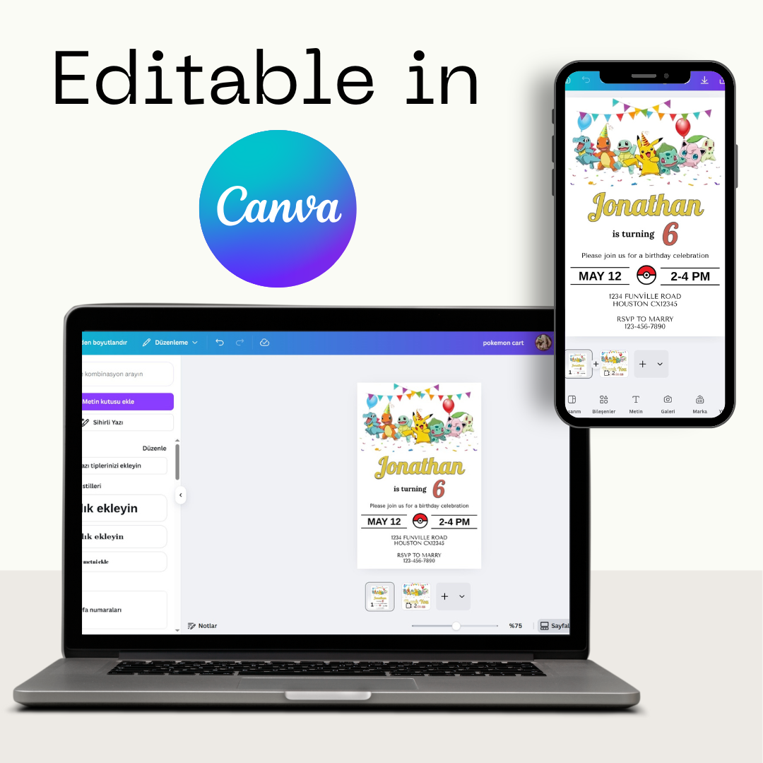 🎁 FREE TAGS INCLUDED! | Editable Pokémon Birthday Invitation Template (Canva)