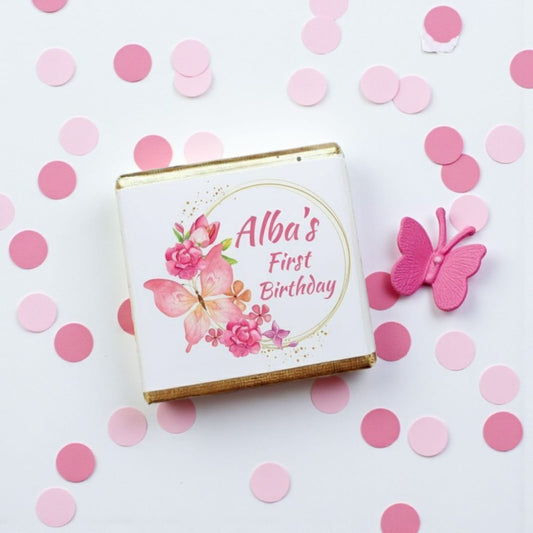 Personalized Pink Butterfly and Floral Celebration Milk Chocolate