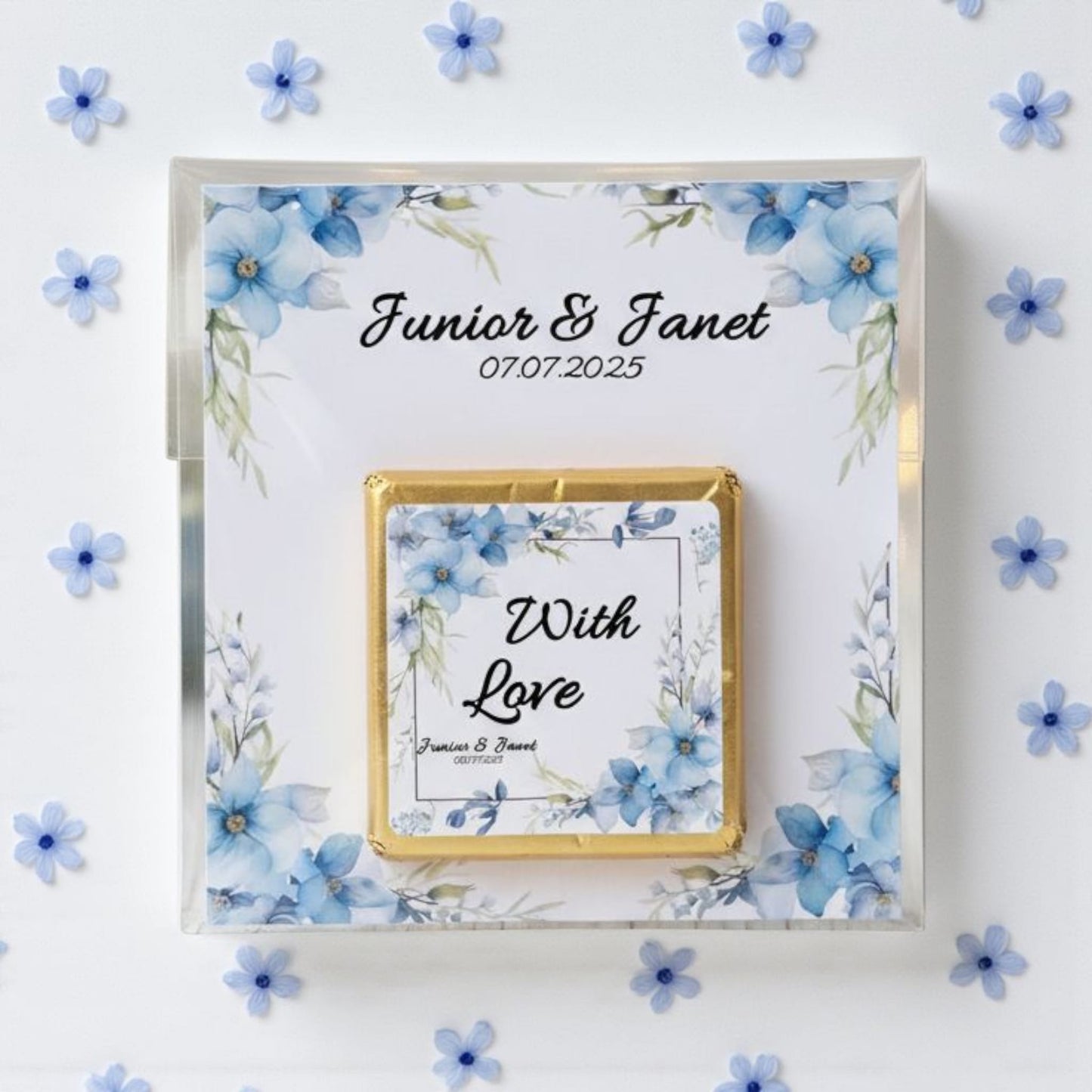 Personalized "Forget-Me-Not" Blue Floral Card and Chocolate