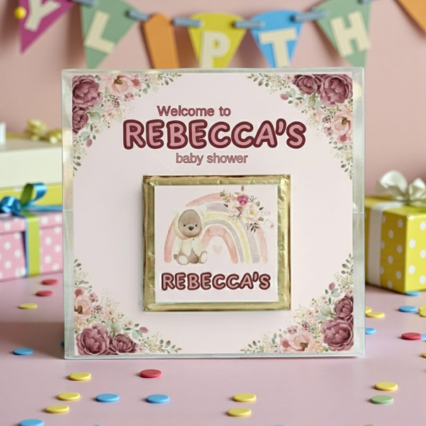 🌈Personalized Chocolate Card with Boho Rainbow &amp; Teddy Bear Theme