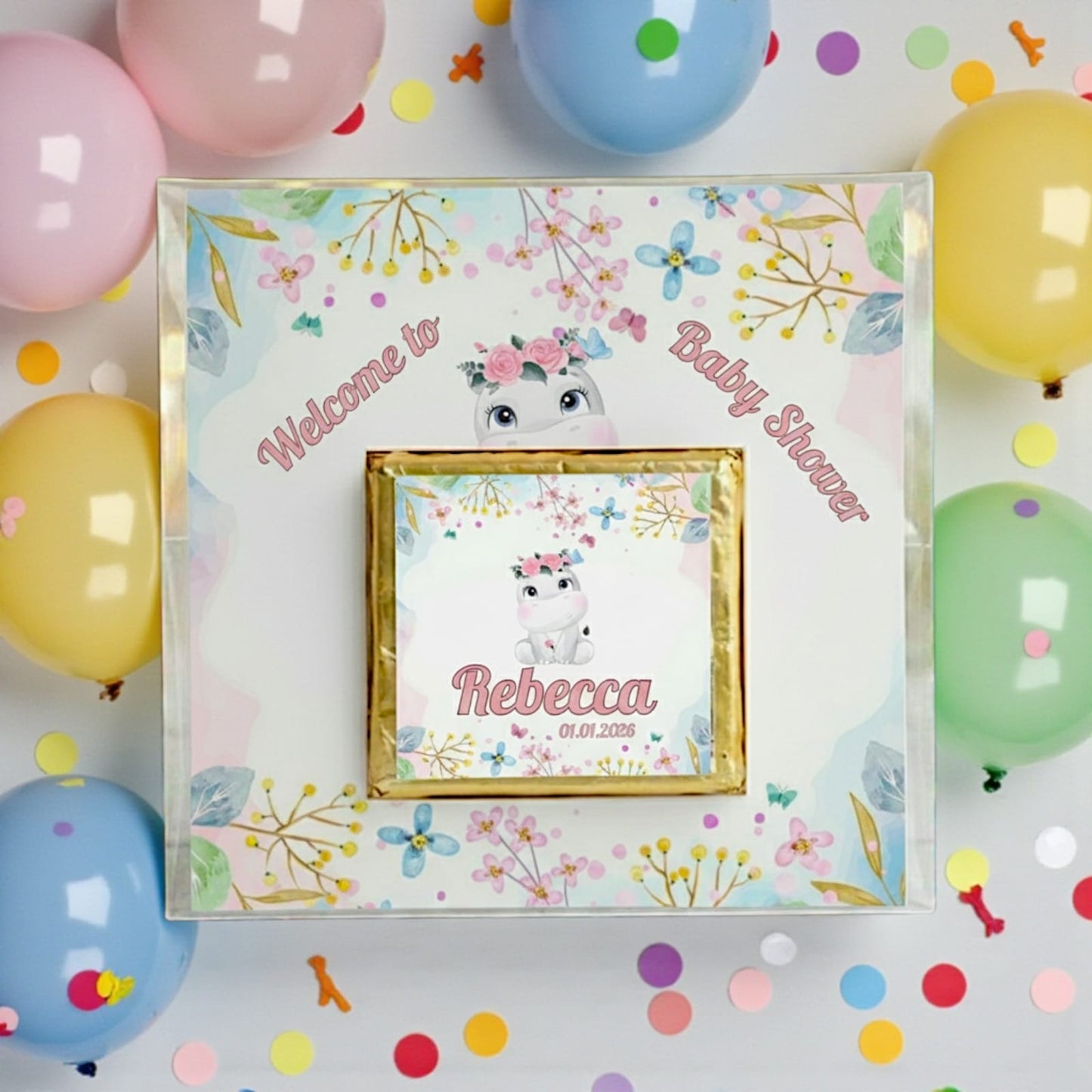 🦄 Personalized Chocolate Card with Pastel Floral Hippo Theme
