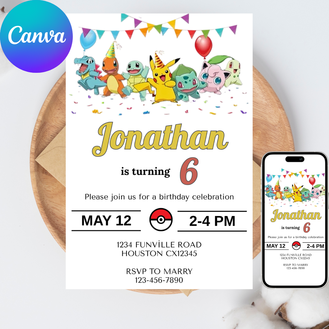 🎁 FREE TAGS INCLUDED! | Editable Pokémon Birthday Invitation Template (Canva)